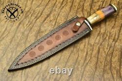 Couteau de chasse en acier damassé fait main SBC avec poignée en os de chameau et étui