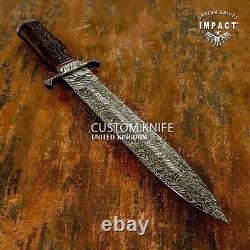 Couteau de chasse sur mesure en damas avec manche en bois de burl gravé - 1603