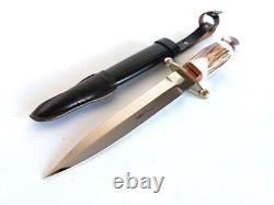 Couteau de combat de botte à double tranchant LINDER allemand en corne de cerf état neuf