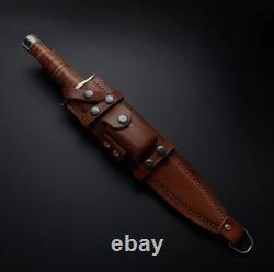 Couteau fixe à lame double tranchant forgé à la main, tactique de survie avec étui en cuir