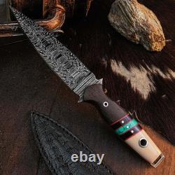 Couteau poignard 9,1 en acier Damas à lame fixe, pleine soie, manche en bois et étui en cuir
