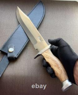 Couteau poignard à lame fixe, manche en bois de léopard, étui en cuir, homme, vintage, France, rare