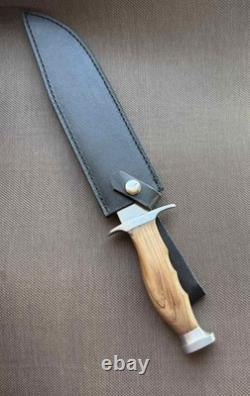 Couteau poignard à lame fixe, manche en bois de léopard, étui en cuir, homme, vintage, France, rare