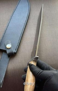 Couteau poignard à lame fixe, manche en bois de léopard, étui en cuir, homme, vintage, France, rare