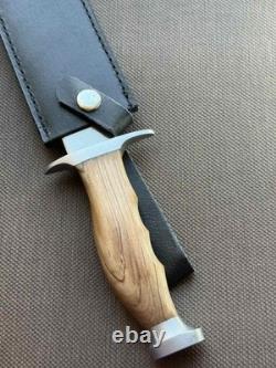 Couteau poignard à lame fixe, manche en bois de léopard, étui en cuir, homme, vintage, France, rare