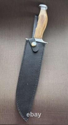 Couteau poignard à lame fixe, manche en bois de léopard, étui en cuir, homme, vintage, France, rare