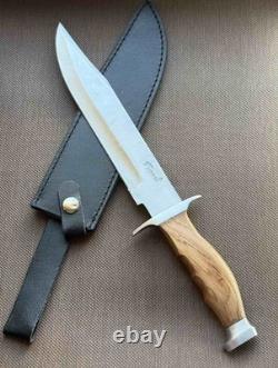Couteau poignard à lame fixe, manche en bois de léopard, étui en cuir, homme, vintage, France, rare