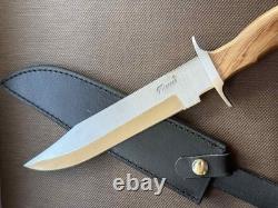 Couteau poignard à lame fixe, manche en bois de léopard, étui en cuir, homme, vintage, France, rare
