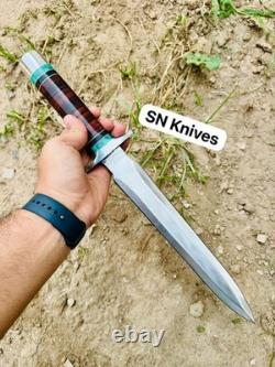 Dague Arkansas Toothpick fait main en D2, couteau de chasse avec étui en cuir
