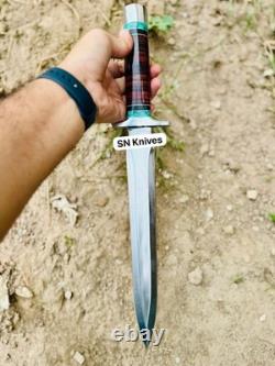 Dague Arkansas Toothpick fait main en D2, couteau de chasse avec étui en cuir