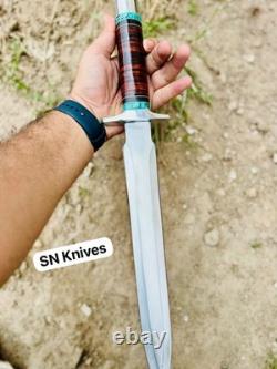 Dague Arkansas Toothpick fait main en D2, couteau de chasse avec étui en cuir