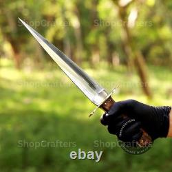 Dague Arkansas Toothpick faite main en D2, couteau de chasse avec étui en cuir