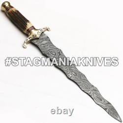 Dague de chasse Kris en acier de Damas forgé à la main avec manche en bois de cerf<br/> 
