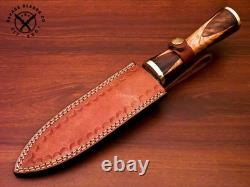 Dague de chasse en acier damassé fait main SBC avec manche en bois de rose et fourreau