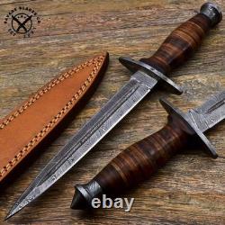 Dague de chasse en acier damassé fait main SBC avec poignée enroulée de cuir et étui