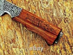 Dague de chasse gravée Fox en acier D2, fabriquée à la main, avec fourreau en bois