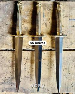 Dague de commando de chasse artisanale personnalisée en acier à outils D2, 3 pièces, manche en laiton avec fourreau