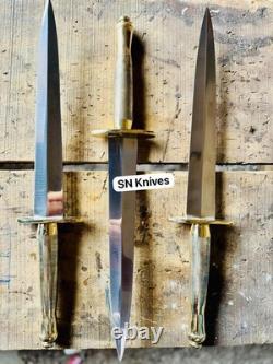 Dague de commando de chasse artisanale personnalisée en acier à outils D2, 3 pièces, manche en laiton avec fourreau