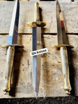 Dague de commando de chasse artisanale personnalisée en acier à outils D2, 3 pièces, manche en laiton avec fourreau
