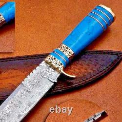 Dague en acier damassé sur mesure avec turquoise et laiton sculpté