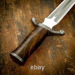 Dague gardée en bois de burl ancien, garde en damas, lame D2 Impact Cutlery