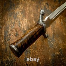Dague gardée en bois de burl ancien, garde en damas, lame D2 Impact Cutlery