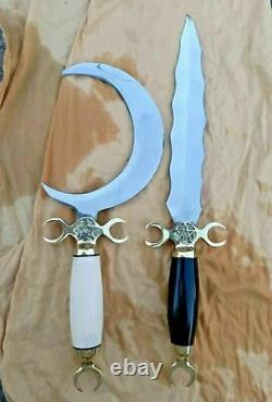 Ensemble De 2 Pcs - Handmade Crescent Moon Dagger Rituel Athame Boleine Snake Knife