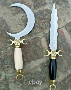 Ensemble De 2 Pcs - Handmade Crescent Moon Dagger Rituel Athame Boleine Snake Knife