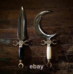Ensemble de 2 pièces fait main : Athame en forme de croissant de lune, couteaux de chasse Boline