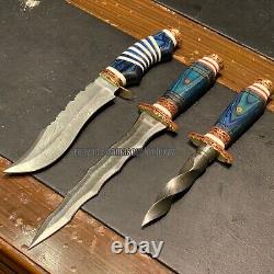 Ensemble de 3 pièces MANCHE de couteau de chasse / dague / bowie en DAMAS avec bois de Pakka