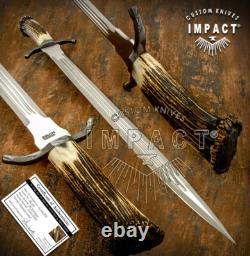 Impact Cutlery – Rare dague d’art sur mesure en acier D2, couteau-épée avec couronne en bois de cerf