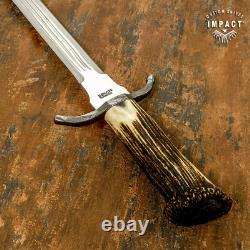 Impact Cutlery – Rare dague d’art sur mesure en acier D2, couteau-épée avec couronne en bois de cerf