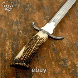 Impact Cutlery – Rare dague d’art sur mesure en acier D2, couteau-épée avec couronne en bois de cerf