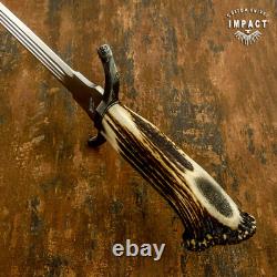 Impact Cutlery – Rare dague d’art sur mesure en acier D2, couteau-épée avec couronne en bois de cerf