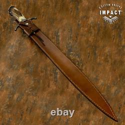 Impact Cutlery – Rare dague d’art sur mesure en acier D2, couteau-épée avec couronne en bois de cerf