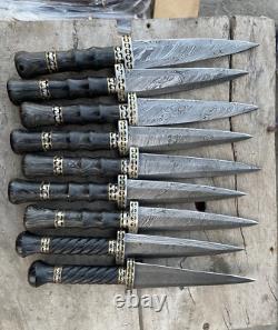Lot de 10 pièces, couteau poignard de 12'' avec poignée en bois et laiton, acier damassé fait main