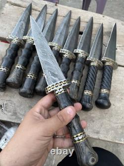 Lot de 10 pièces, couteau poignard de 12'' avec poignée en bois et laiton, acier damassé fait main