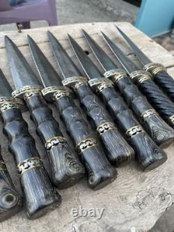 Lot de 10 pièces, couteau poignard de 12'' avec poignée en bois et laiton, acier damassé fait main