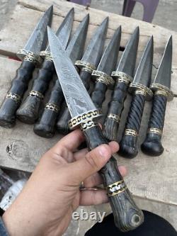 Lot de 10 pièces, couteau poignard de 12'' avec poignée en bois et laiton, acier damassé fait main