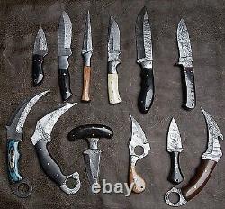 Lot de couteaux de chasse, de dépeçage et de cou de type Karambit en damas faits sur mesure