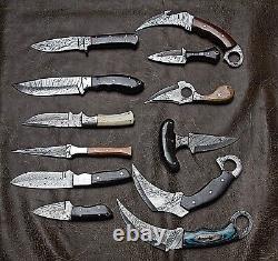 Lot de couteaux de chasse, de dépeçage et de cou de type Karambit en damas faits sur mesure