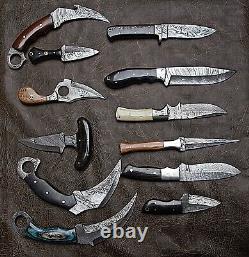 Lot de couteaux de chasse, de dépeçage et de cou de type Karambit en damas faits sur mesure