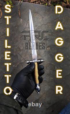 Outil Forgé Main Acier Stiletto Fancy Dagger Couteau Tactique Avec Gaine En Cuir