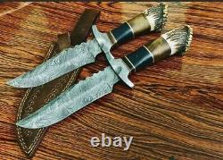 Paire de couteaux de chasse sur mesure forgés à la main en acier damas avec manche en corne de cerf