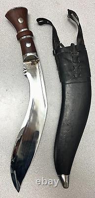 Rare Large Knife INDIAN KUKRI FIGHTING DAGGER WITH Leather SHEATH Wooden Handle<br/> RARE GRAND COUTEAU DE COMBAT INDIEN KUKRI AVEC FOURREAU EN CUIR MANCHE EN BOIS